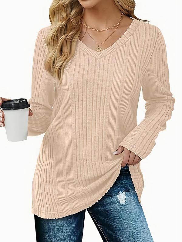 Women's Solid Color Print V Neck Ribbed Sweater, Casual Long Sleeve Jumper for Fall & Winter, Fashion Ladies' Knitwear for Daily Wear