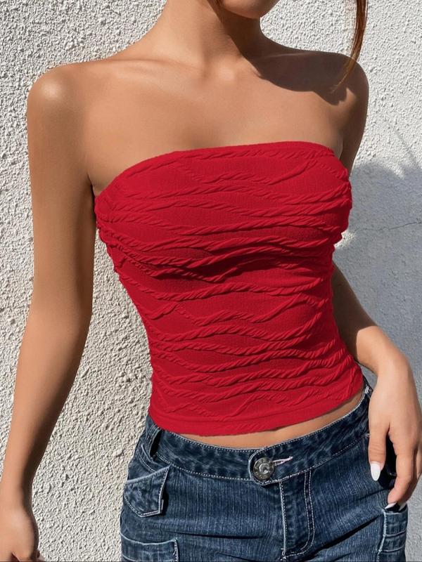 Women's Plain Textured Crop Tube Top, Casual Sleeveless Strapless Top for Summer, Ladies Clothes for Daily Wear