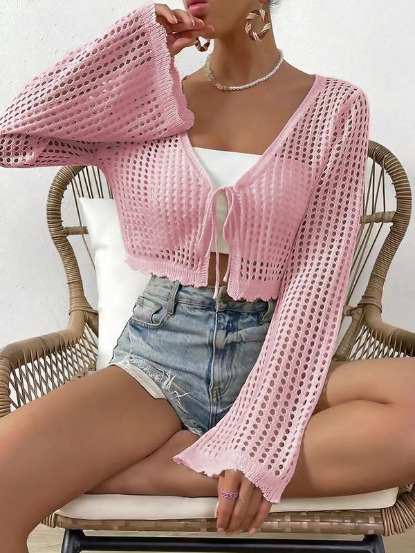 Women's Hollow Out Tie Front Crop Cardigan Sweater, Rave Outfits, Mufti Clothes, Flounce Sleeve V Neck Cover Up Knitwear, Summer Tops, Back To School Clothes, Summer Clothes, Women's Knit Clothing, Downtown Girl Clothes, Preppy 80s Clothes