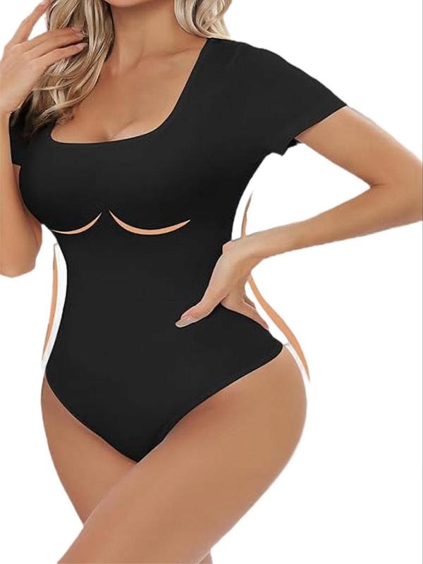 Women's Solid Square Neck Hook & Eye Closure Crotch Bodysuit, Casual Short Sleeve Bodysuit for Daily Wear, Ladies Clothes for All Seasons