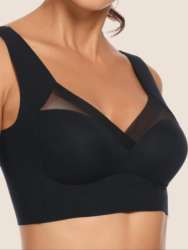 Women's Solid Color Contrast Mesh Wireless Push Up Bra, Breathable Comfortable Seamless Lingerie Top for Daily Wear, Women's Lingerie for All Seasons