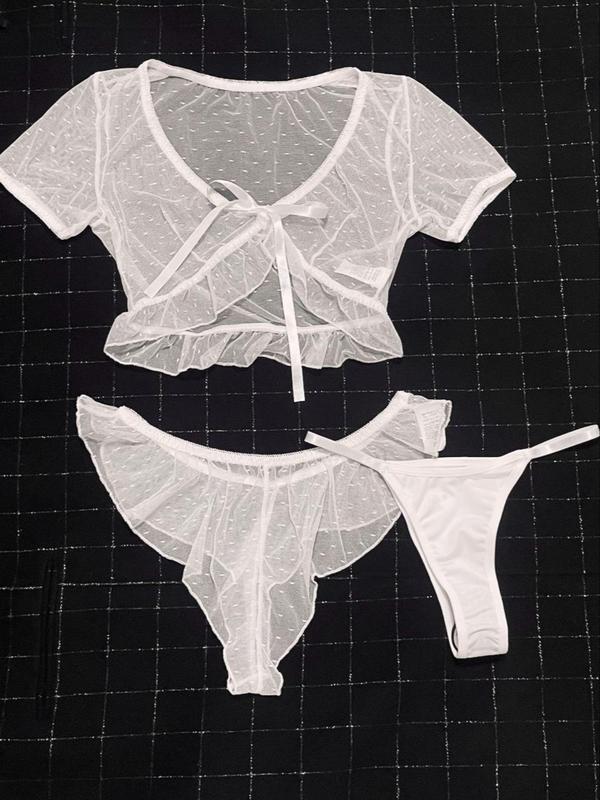 Women's Bow Decor Tulle Lingerie Three-Piece Set, Romantic Asymmetrical Hem Ruffle Trim Crop Top & Sheer Thong & Plain Thong Set, Women's Lingerie & Underwear for All Seasons