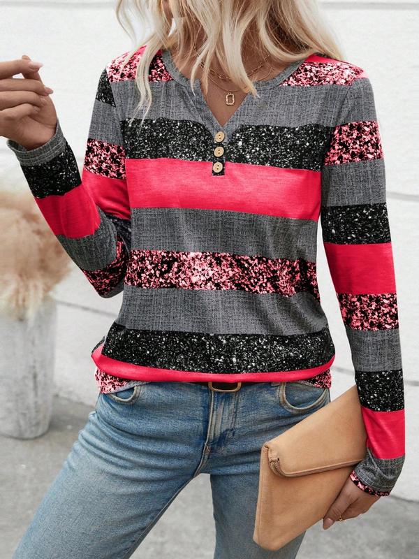 Women's Colorblock Striped Print Buttons Notched Neck Tee, Casual Long Sleeve T-shirt for Fall & Winter, Women's Clothing for Daily Wear