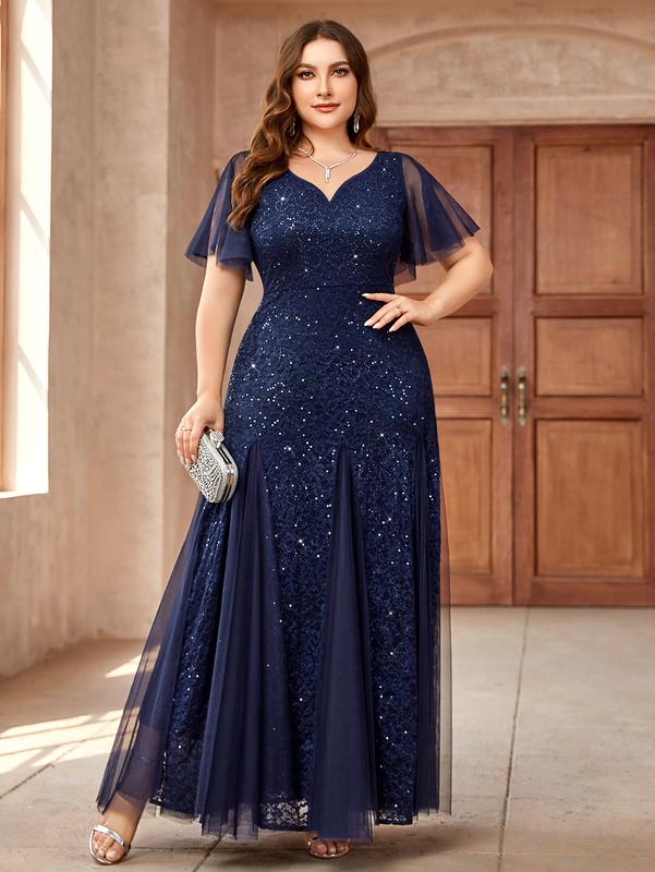 MISSMAY Women's Plus Size Sweetheart V Neck Sequins Lace Tulle Mermaid Hemline Formal Wear Festival Evening Party Maxi Dress YP24234