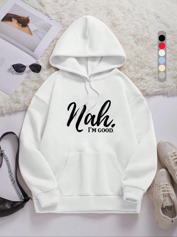 Women's Letter Print Drawstring Pocket Hoodie, Casual Long Sleeve Hooded Sweatshirt for Fall & Winter, Women's Clothes for Daily Wear