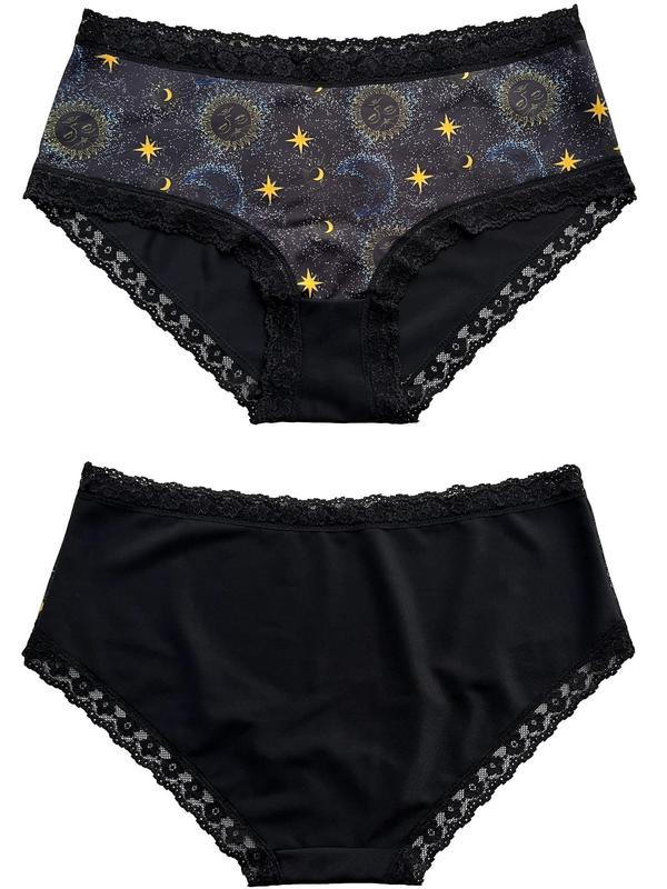 Plus Size Galaxy Print Contrast Lace Knicker, Casual Soft Comfy Panty for Daily Wear, Women's Underwear for All Seasons