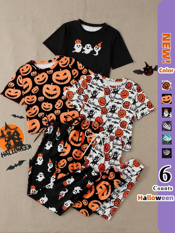 Women's Solid Short Sleeve Tee & Drawstring Pants Lounge Sets, Summer Clothes, Halloween Print Lounge Sets, Back-to-school Clothing, Sleepwear for Women, Nightwear Sets, Halloween Pajamas, Summer Wear 2024, Black Girl Wear