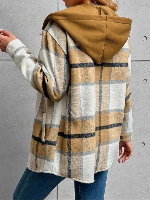 Women's Plaid Print Button Front Drawstring Hooded Coat, Casual Long Sleeve Drop Shoulder Pocket Outerwear for Fall & Winter, Ladies Clothes for Daily Wear