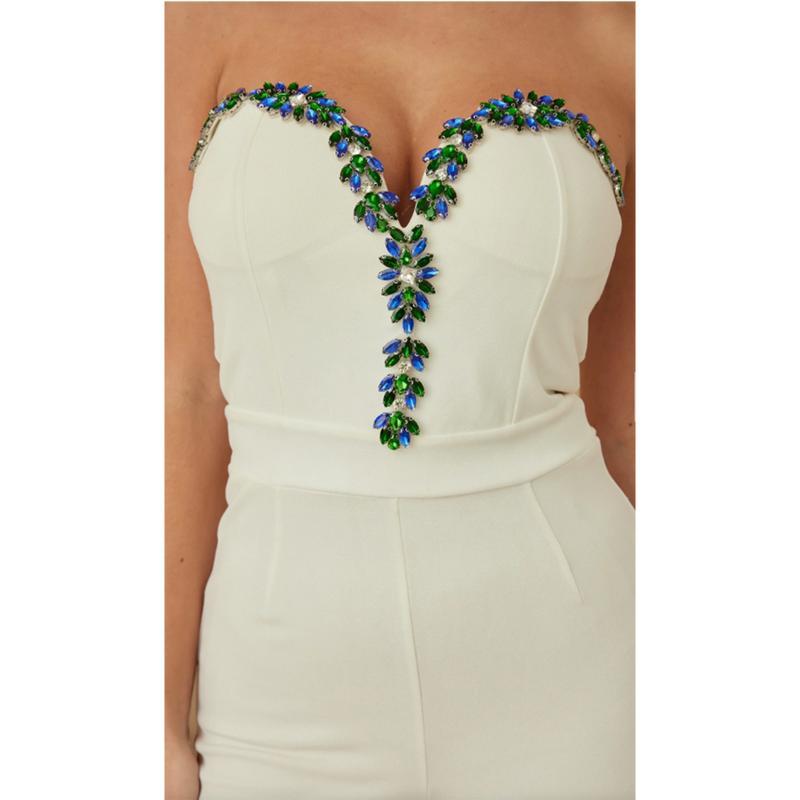 DEEP V JEWEL JUMPSUIT - COLORFUL CURVED V STONE TRIM Flat Sleeveless Strapless Comfortable Elegance christmas gift ideas