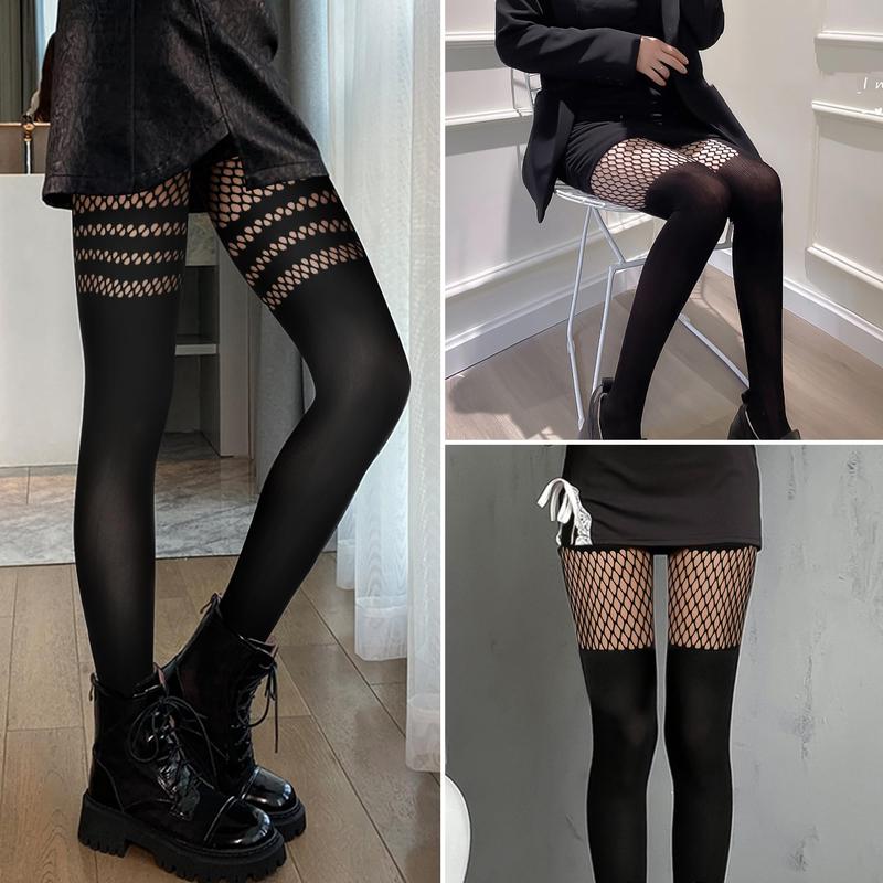 Womens Faux Thigh High Fishnet Stockings Stitching Opaque Pantyhose Mock Over the Knee Goth Striped Suspender Tights