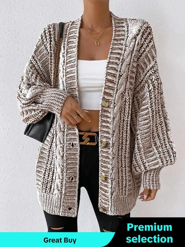 Women's Textured Lantern Sleeve Button Front Cardigan, Casual V Neck Long Sleeve Chunky Cardigan, Ladies Knitwear for Fall, Daily Wear, Comfort Cardigan for Women