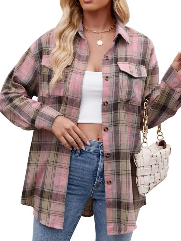 Women's Tartan Print Button Front Pocket Shirt, Casual Drop Shoulder Long Sleeve Going Out Top for Fall & Winter, Women's Clothes for Daily Wear