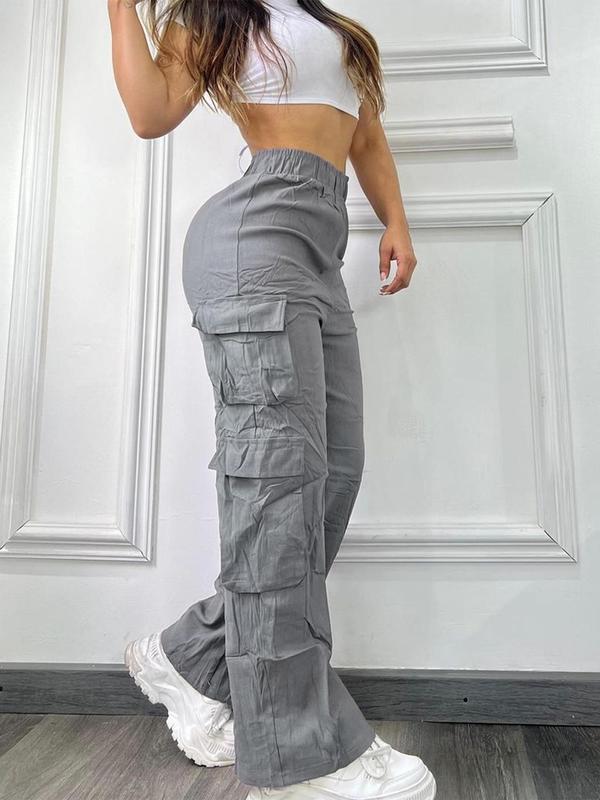 Women's Plain Pocket Cargo Pants, Fall Outfits, Casual Streetwear Wide Leg Trousers for Daily Wear, Ladies Bottoms for Fall, Downtown Girl Clothes