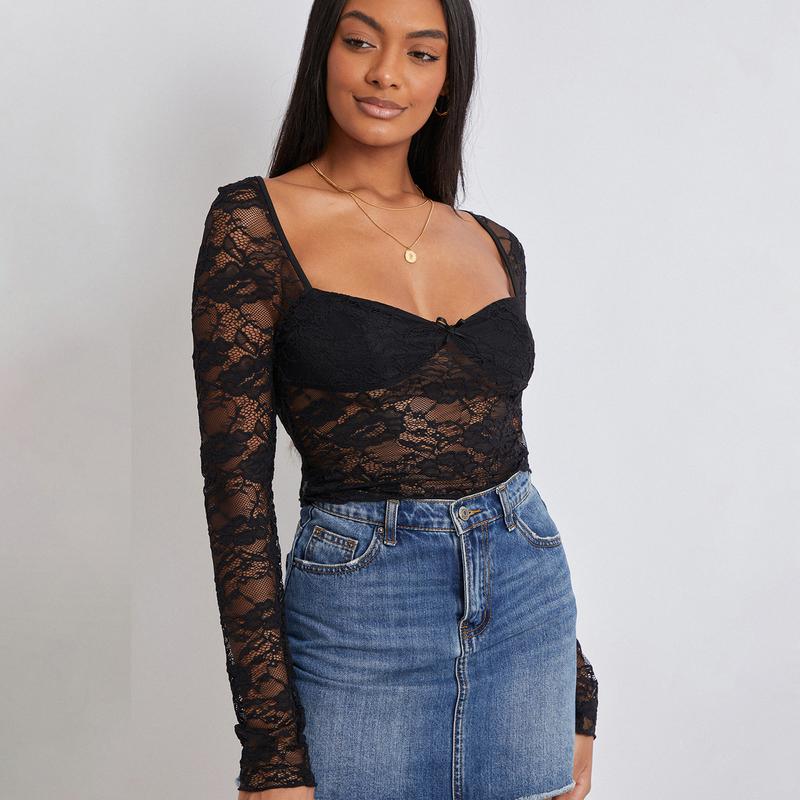 New Women Ladies Girls Fashion Crop Floral Lace Tops Long Sleeve Blouses & Shirts Casual Pullovers for Club Streetwear Aesthetic Grunge Clothes Womenswear Crop Tops