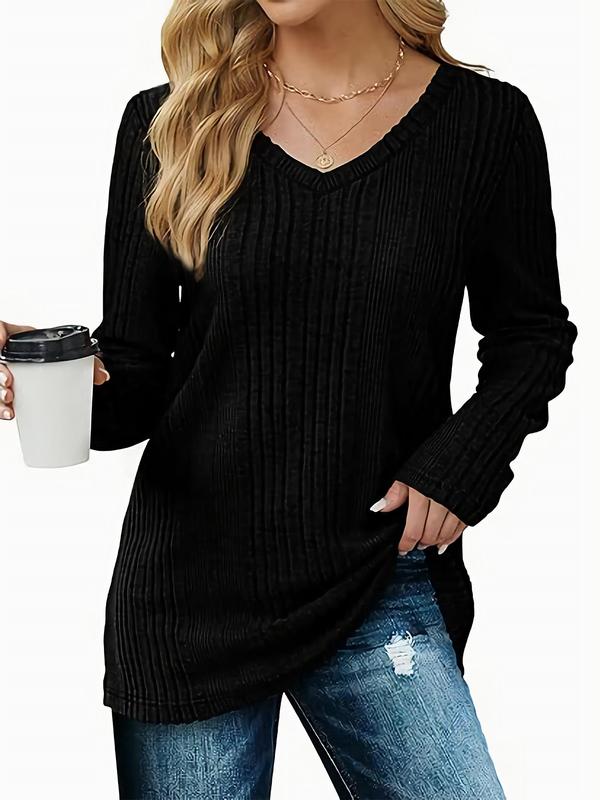 Women's Solid Color Print V Neck Ribbed Sweater, Casual Long Sleeve Jumper for Fall & Winter, Fashion Ladies' Knitwear for Daily Wear