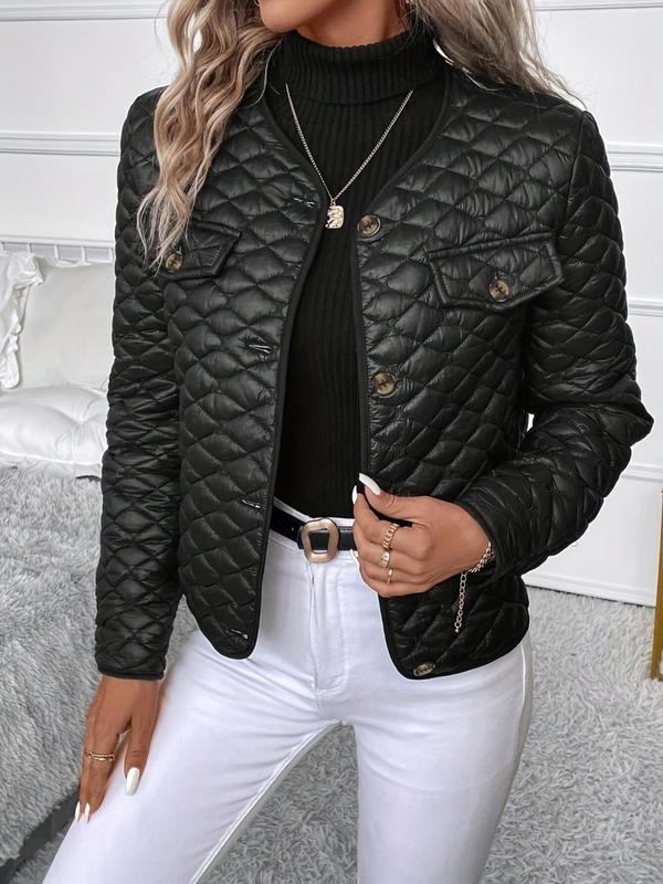 Women's Solid Color Quilted Button Front V Neck Jacket, Casual Long Sleeve Outerwear for Fall & Winter, Ladies Clothes for Daily Wear