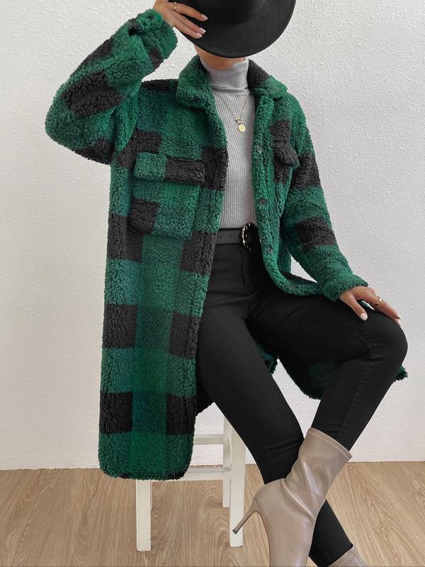 Women's Plaid Print Button Front Long Fleece Jacket, Casual Drop Shoulder Long Sleeve Pocket Outerwear for Fall & Winter, Women's Clothing for Daily Wear, Winter Clothes Women