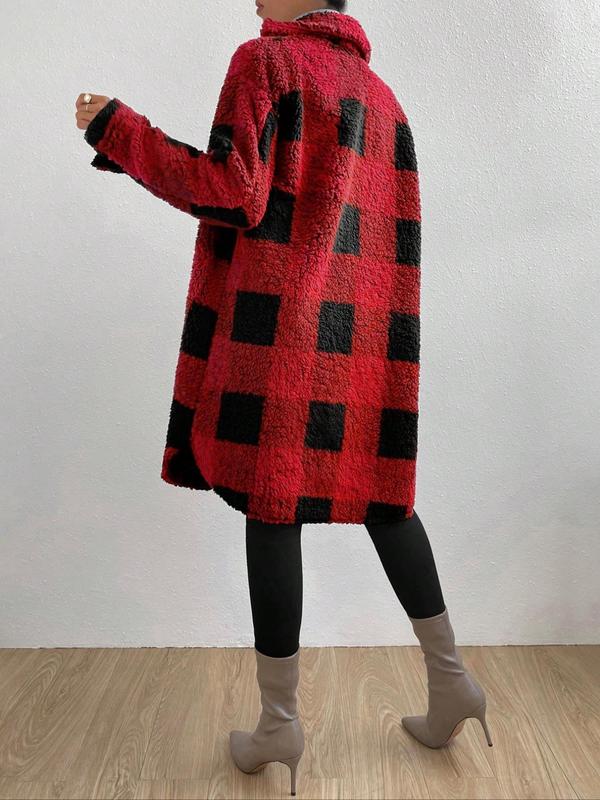 Women's Plaid Print Button Front Long Fleece Jacket, Casual Drop Shoulder Long Sleeve Pocket Outerwear for Fall & Winter, Women's Clothing for Daily Wear, Winter Clothes Women