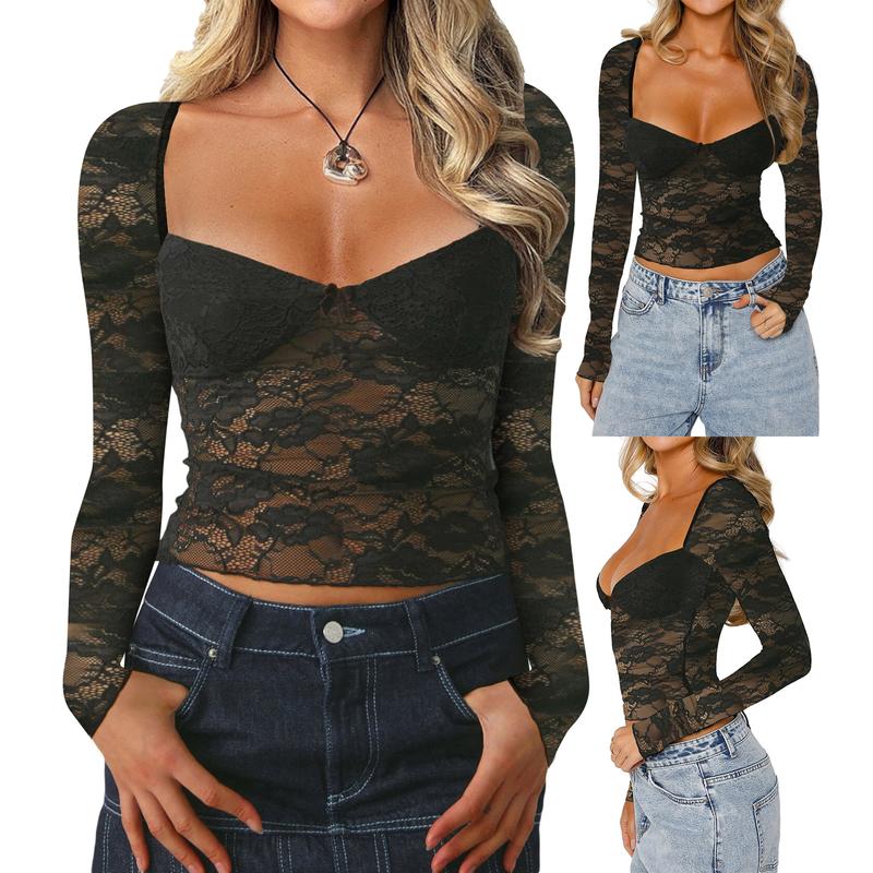 New Women Ladies Girls Fashion Crop Floral Lace Tops Long Sleeve Blouses & Shirts Casual Pullovers for Club Streetwear Aesthetic Grunge Clothes Womenswear Crop Tops