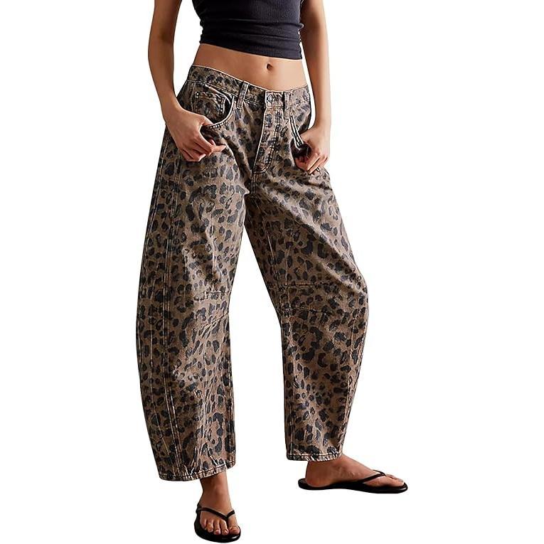 Women's Baggy Barrel Jeans Mid Rise Leopard Printed Wide Leg Denim Casual Boyfriend Ankle Pants