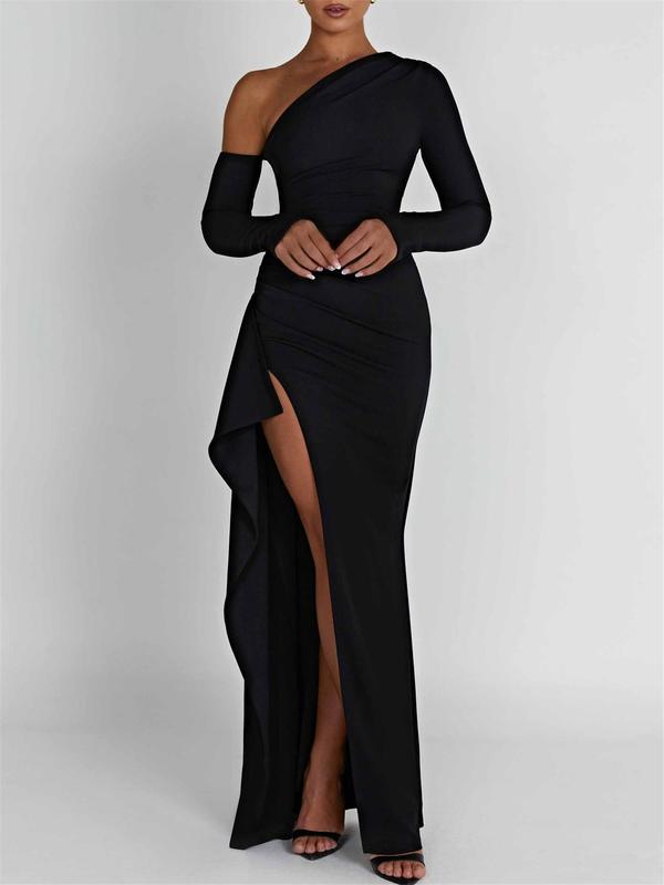 Women's Split Thigh Ruched Asymmetrical Neck Bodycon Dress, Long Sleeve Solid Maxi Dress, Women's Clothing for Spring & Fall