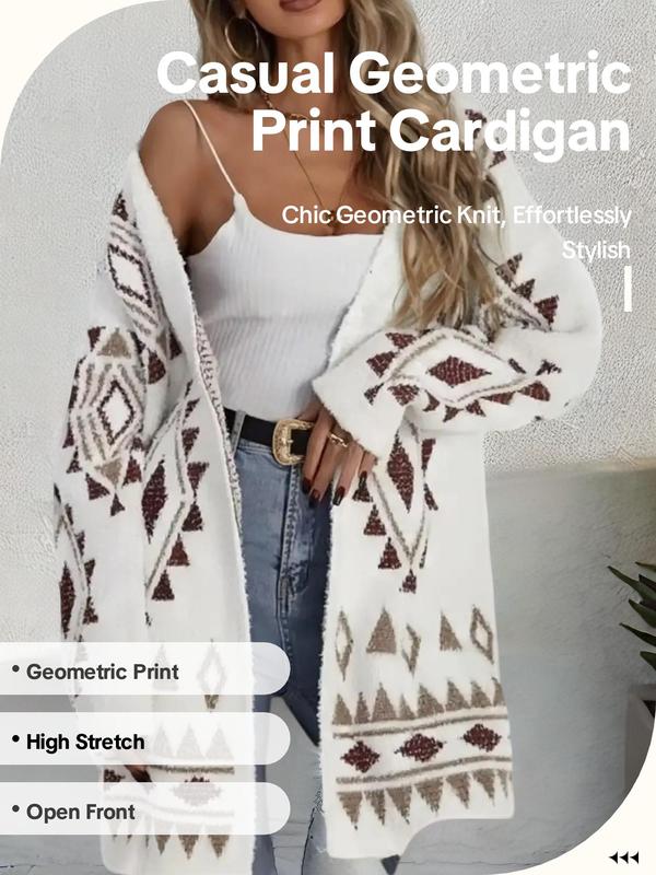 Womenswear Geometric Print Drop Shoulder Cardigan, Lady Casual Long Sleeve Open Front Knitwear for Fall & Winter, Fashion Ladies' Knit Clothing for Daily Wear, Cardigan for Women