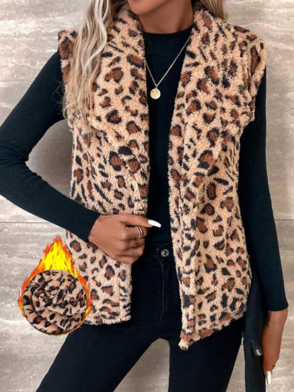  Leopard Print Fuzzy Collared Vest Coat, Casual Sleeveless Open Front Outerwear for Fall & Winter, Women's Clothes for Daily Wear