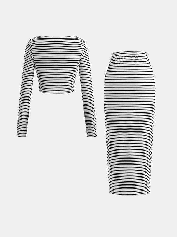 YOZY [size 4-14] Striped Print Crop Top & Split Thigh Skirt Set, Casual Long Sleeve Square Neck Top & High Waist Bodycon Skirt for Fall Holiday, 2024 Women's Spring & Fall Outfits for Daily Wear, [S-XXL]