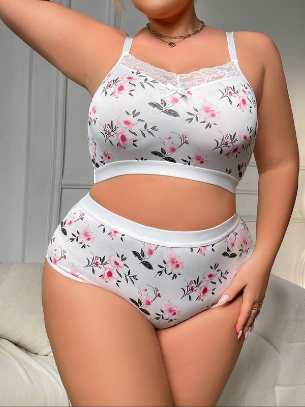  Two-Piece Set Floral Print Bow Decor Contrast Lace Bra & High Waist Panty, Adjustable Spaghetti Strap Wireless Bra & High Rise Panty, Women's Lingerie Set for All Seasons