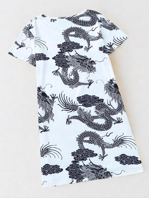 Women's Dragon Print Round PJ Neck Nightdress Summer Clothes Women, Casual Short Sleeve Crew Neck Sleep Dress Nighties for Summer, Women's Sleepwear for Indoor Wear