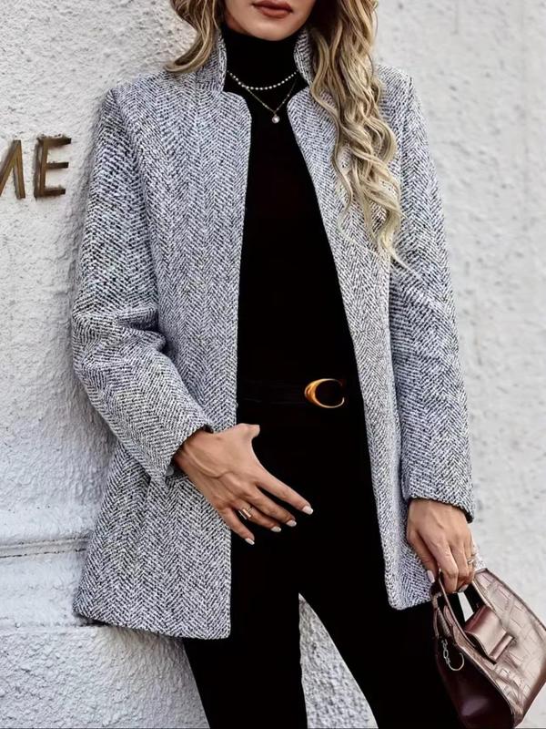 Women's Solid Color Stand Collar Open Front Jacket, Casual Long Sleeve Outerwear for Fall & Winter, Women's Clothing for Daily Wear