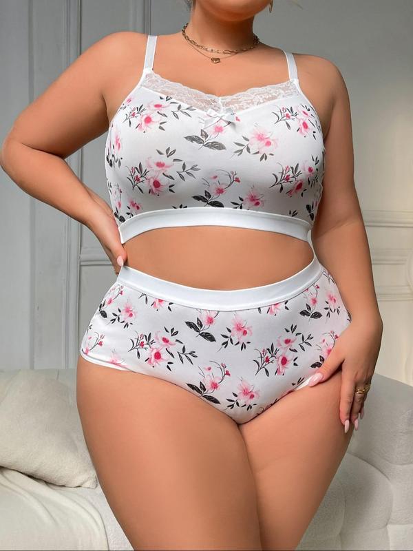  Two-Piece Set Floral Print Bow Decor Contrast Lace Bra & High Waist Panty, Adjustable Spaghetti Strap Wireless Bra & High Rise Panty, Women's Lingerie Set for All Seasons