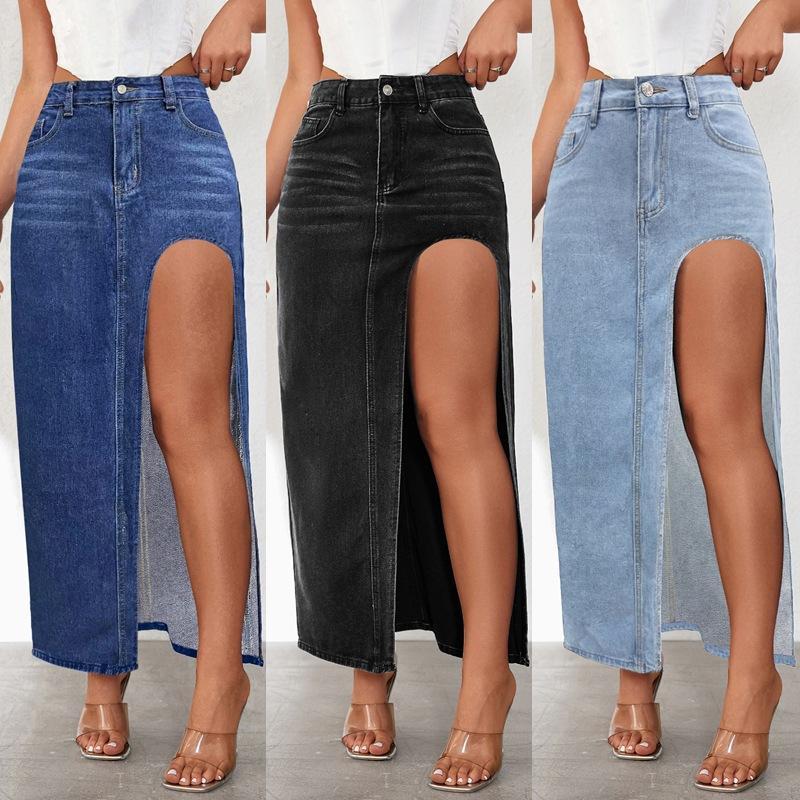 Women's Slit denim skirt for  style washed solid color mid-length skirt Jean Hippie Bottom Womenswear Cargo Maxi Parachute Retro Underwear