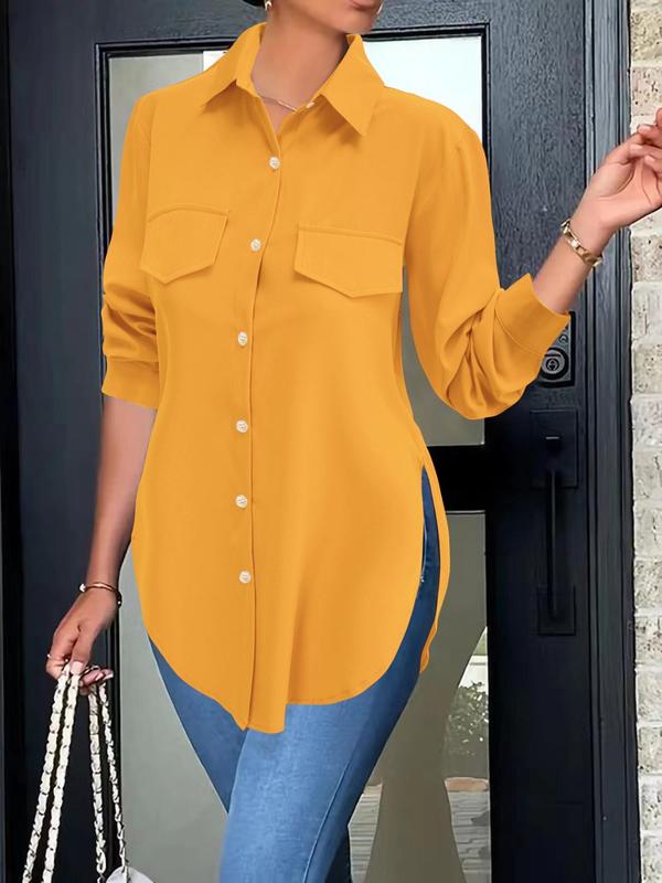 Women's Basic Button Front Longsleeves Split Hem Shirt, Summer Clothes Women, Casual Work Clothes, Minimalist Long Sleeve Collared Top,  Going Out Tops,  Office Outfits Womenwear