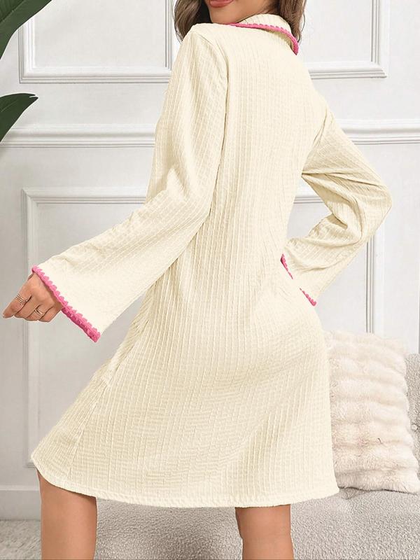 Women's Solid Waffle Knit Contrast Binding Button Front Nightdress, Elegant Long Sleeve Collared Pocket Nightgown, Ladies Sleepwear for Spring & Fall