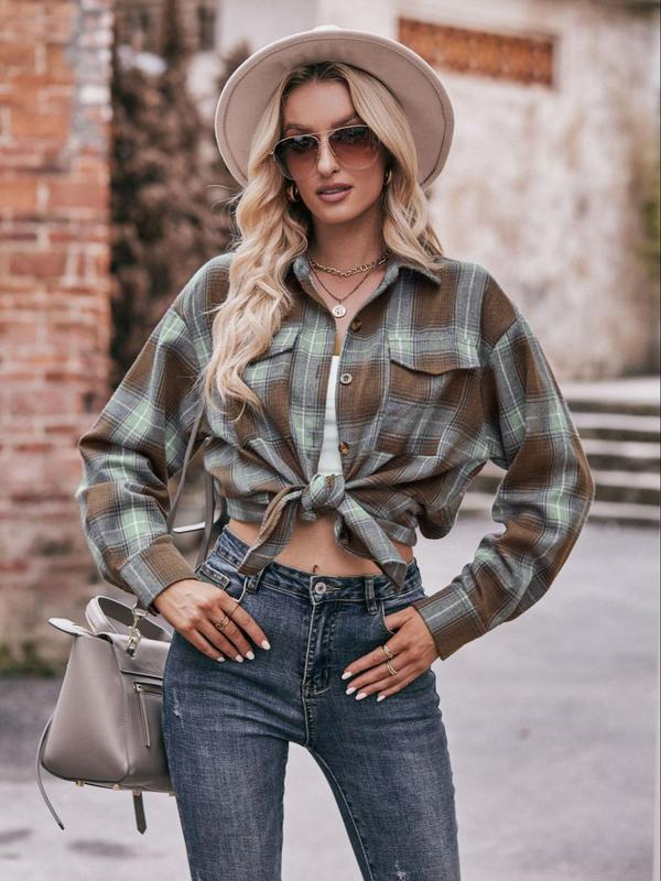 Women's Tartan Print Button Front Pocket Shirt, Casual Drop Shoulder Long Sleeve Going Out Top for Fall & Winter, Women's Clothes for Daily Wear