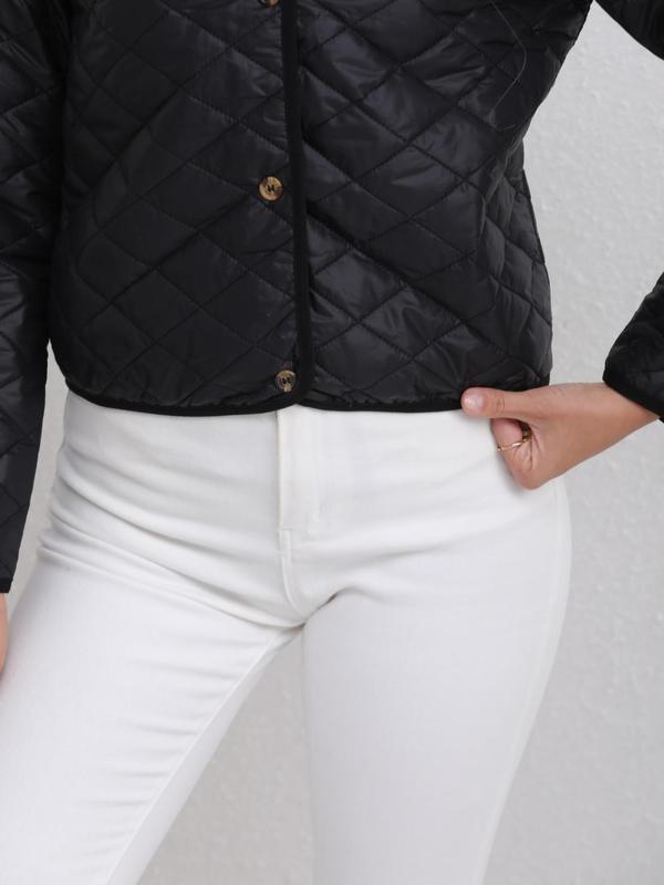 Women's Solid Color Quilted Button Front V Neck Jacket, Casual Long Sleeve Outerwear for Fall & Winter, Ladies Clothes for Daily Wear