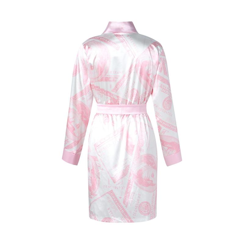 Women´s Satin Robe, Trendy Dollar Print Long Sleeve Silky Kimono Bathrobe Sleepwear with Belt