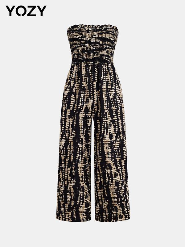 YOZY Christmas Deals, [4 colors] Floral Striped Print Jumpsuit, Elegant Strapless High Waist Jumpsuit for Spring & Summer & Autumn, 2024 Women's Wear for Beach Holiday Vacation, Christmas 2024 Trend, Fall & Winter Clothes