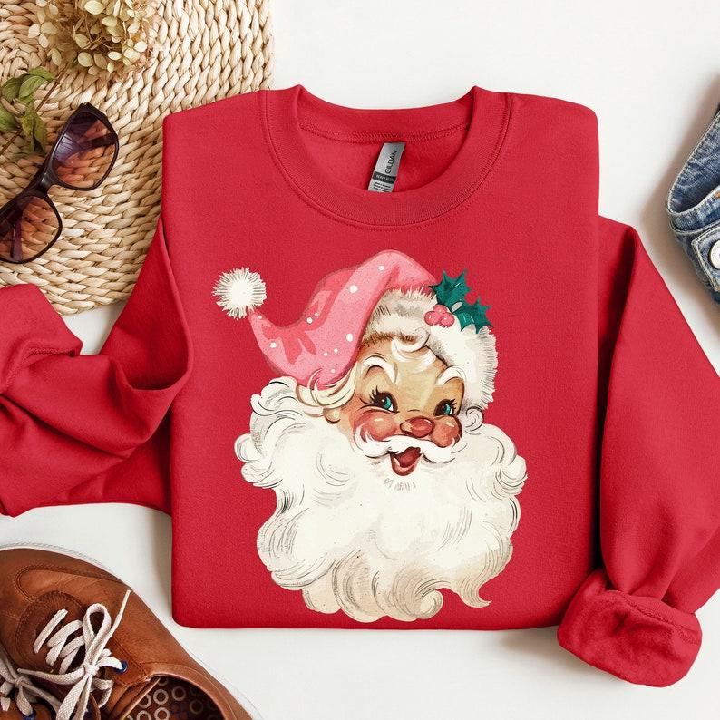 Pink Santa Retro Christmas Sweatshirts, Pink Santa Sweatshirt, Pink Christmas Matching Family Sweaters, Pink Holiday Crewneck Group Party, For Women