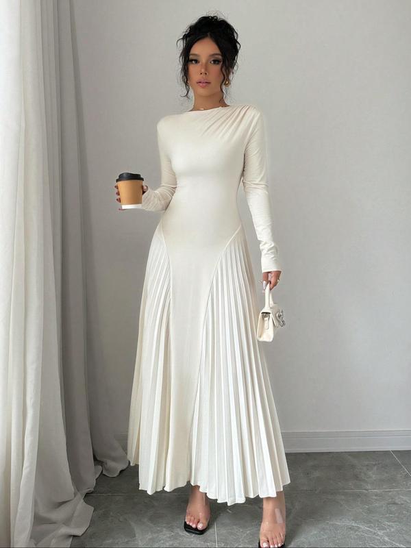 Women's Plain Pleated Long Sleeve Dress, Elegant Round Neck A Line Dress for Party Holiday Wedding Guest, Ladies Spring & Fall Clothes