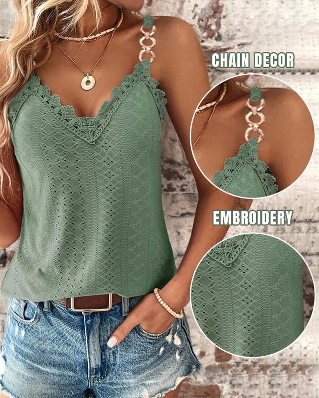 Chicme Chain Decor Eyelet Embroidery Lace Patch tank Top align tank Casual Womenswear Breathable Casual Wear