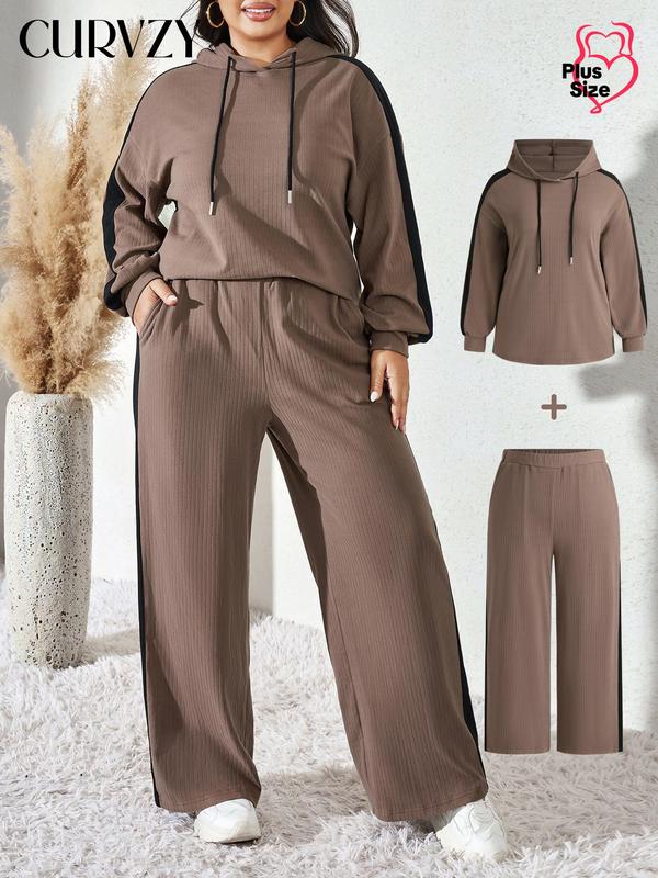 CURVZY Plus Size Two-Piece Set Colorblock Side Stripe Hoodie & Elastic Waist Pants, Casual Fashion Cozy Outfits for Daily Wear, Women's Clothing for Fall & Winter, Thanksgiving Clothes, Tiktok Shop Black Friday, Black Friday Haul