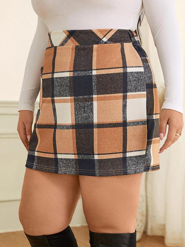 CURVZY Plus Size Plaid Print Pocket Bodycon Skirt, Casual Fashion Short Skirt for Daily Outdoor Wear, Women Clothing for All Seasons