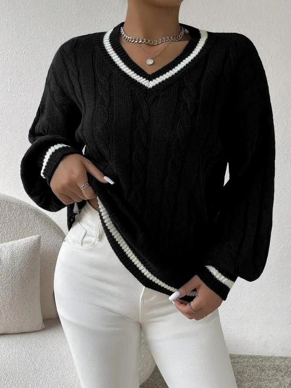 Women's Contrast Binding Drop Shoulder Cable Knit Sweater, Casual Long Sleeve V Neck Jumper for Spring & Fall, Sweaters for Women, Fashion Women's Knitwear for Daily Wear, Fall Outfits 2024, Fall Outfits, Fallfreshness Downtown Girl Clothes