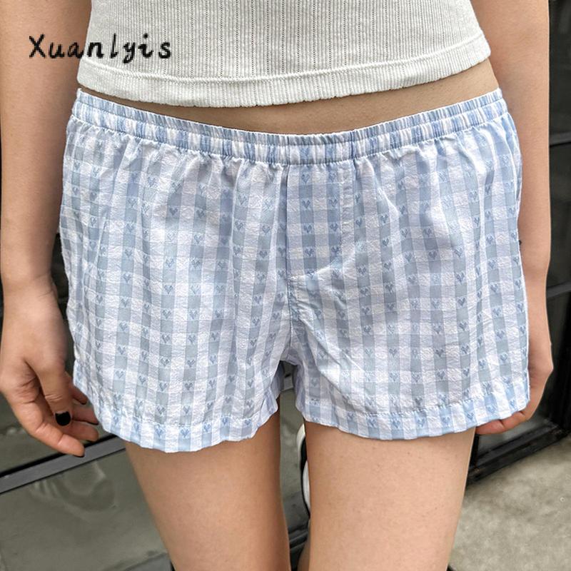 Women's Lounge Shorts Casual Loose Fitting Elastic Waist Floral Short Pants for Summer Lady Womenswear Bottom Plaid