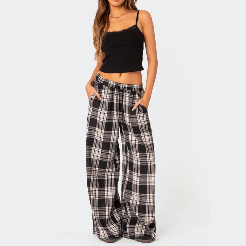 Comfy Pajama Pants for Women Plaid Elastic Waist Wide Leg Lounge Pants Casual Drawstring Loose Bottoms Sleepwear