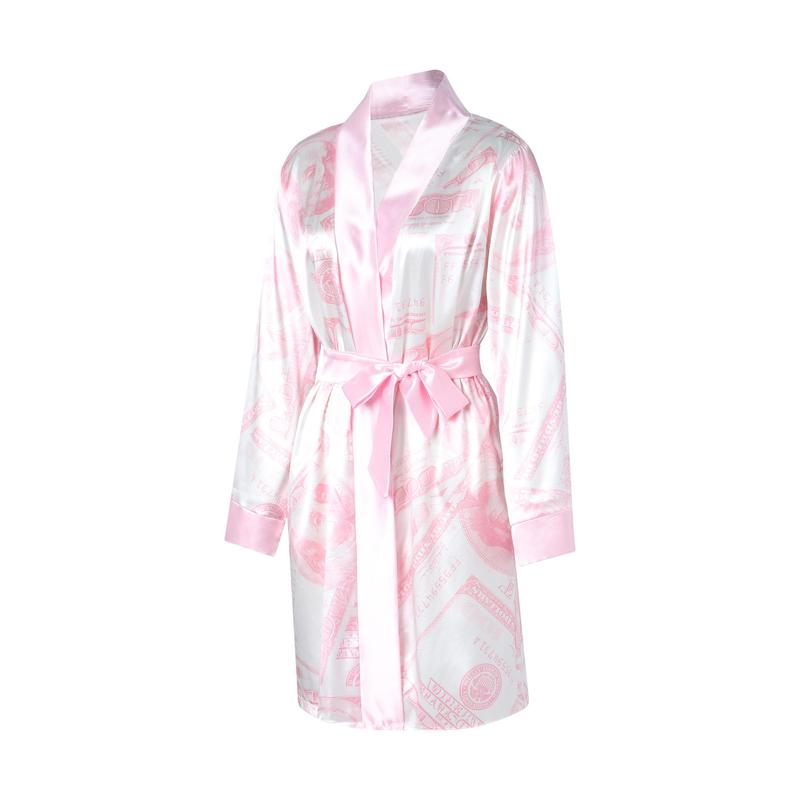 Women´s Satin Robe, Trendy Dollar Print Long Sleeve Silky Kimono Bathrobe Sleepwear with Belt