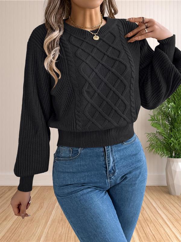 Women's Cable Knit Drop Shoulder Sweater, Casual Long Sleeve Round Neck Jumper for Fall & Winter, Fashion Ladies' Knitwear for Daily Wear