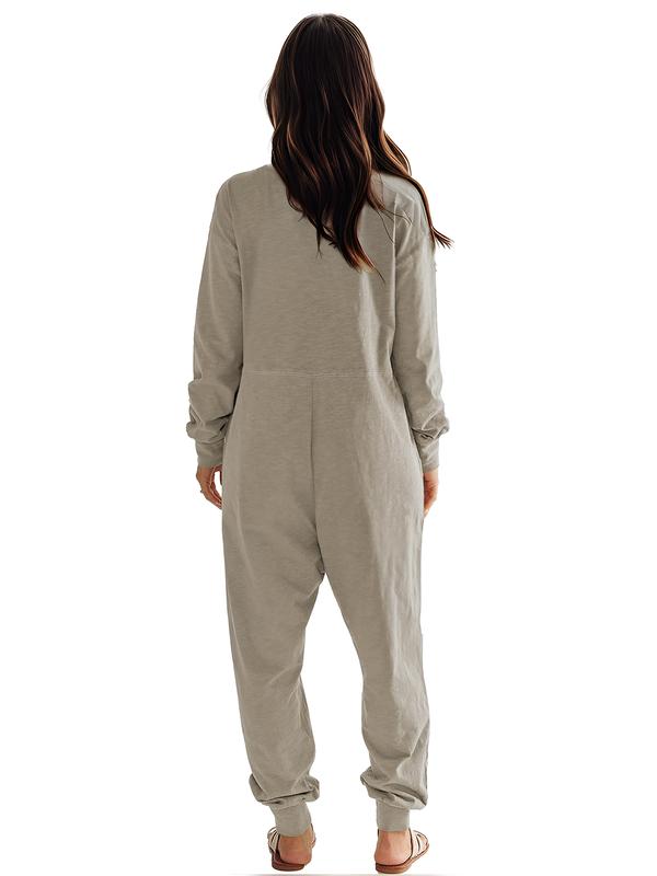 DRESSIN [Orange,Khaki,Black, size XS-XL] Women Cozy Loose Versatile Easy-on Cuffed Knit Solid V-Neck Loose Stretchy Brown Long Sleeve Jumpsuit with Pockets and Tapered Legs Soft and Comfortable for Fall and Winter Lounge wear